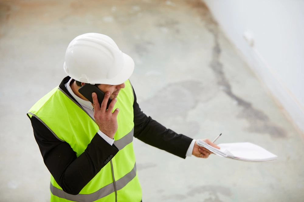 Kierownik budowy w białym kasku i odblaskowej kamizelce, z dokumentacją i telefonem – Generalny wykonawca