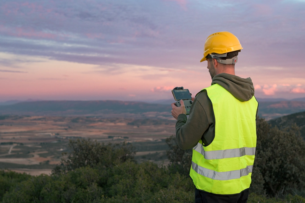 Pracownik w kasku i kamizelce sterujący dronem podczas nadzoru budowlanego na otwartym terenie